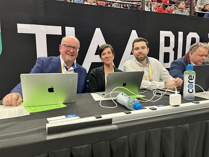 The HoosiersNow.com team on press row at the Big Ten Tournament, publisher Tom Brew (left), marketing and social media director Becky Rigel and basketball reporter Jack Ankony